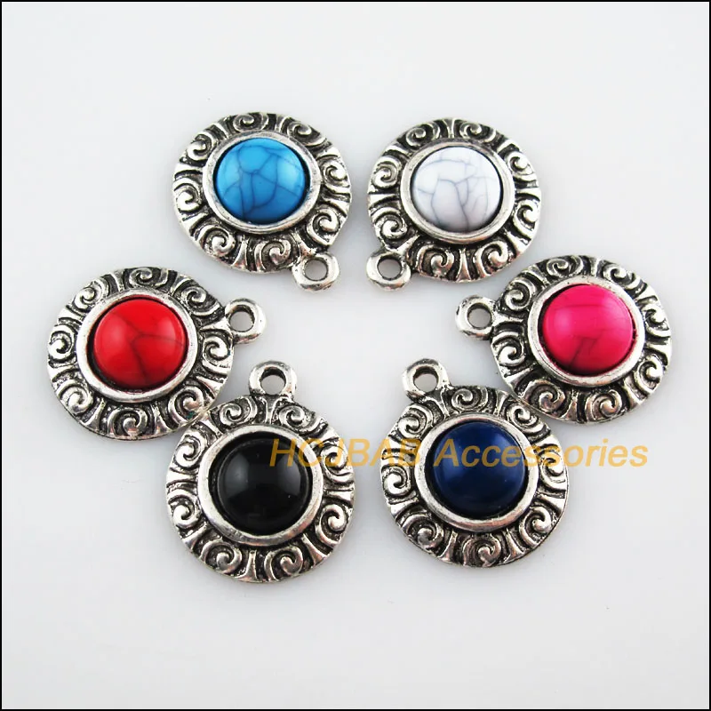 12Pcs Tibetan Silver Color Flower Mixed Stone Charms Pendant 19x23mm