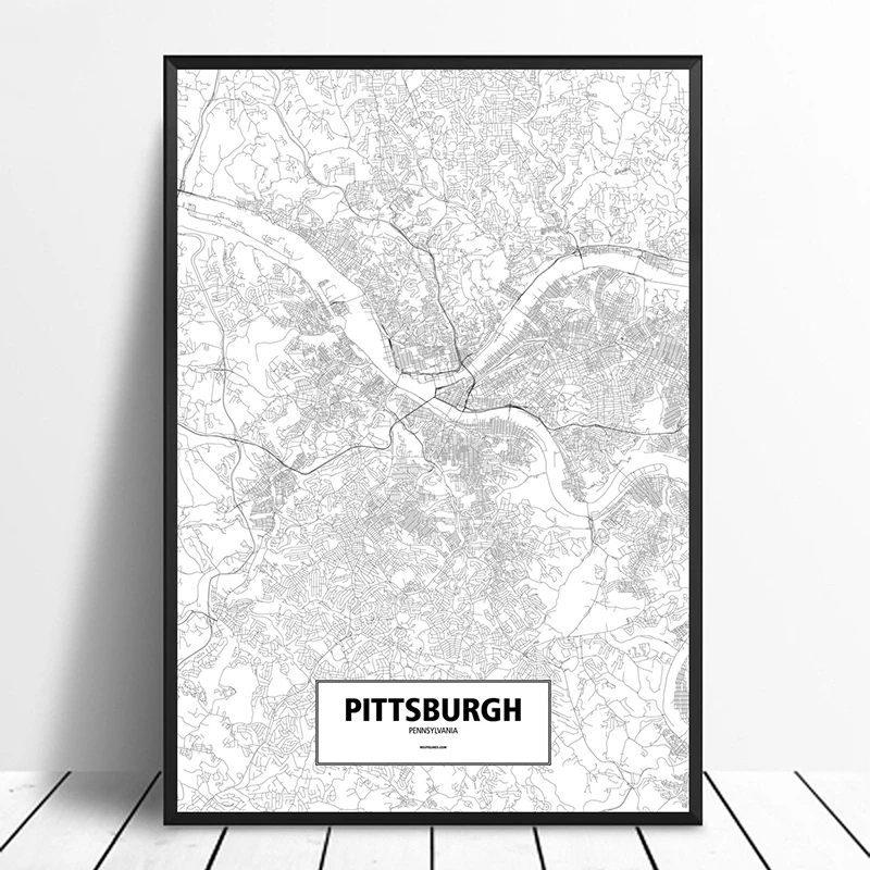 Pittsburgh, Pennsylvania, United States Black White Custom World City Map Poster Canvas Print Nordic Style Wall Art Home Decor