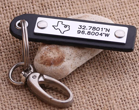 

Latitude Longitude keychain - Personalized Leather Coordinates Key Chain - Texas Keychain - Map Leather Keychain