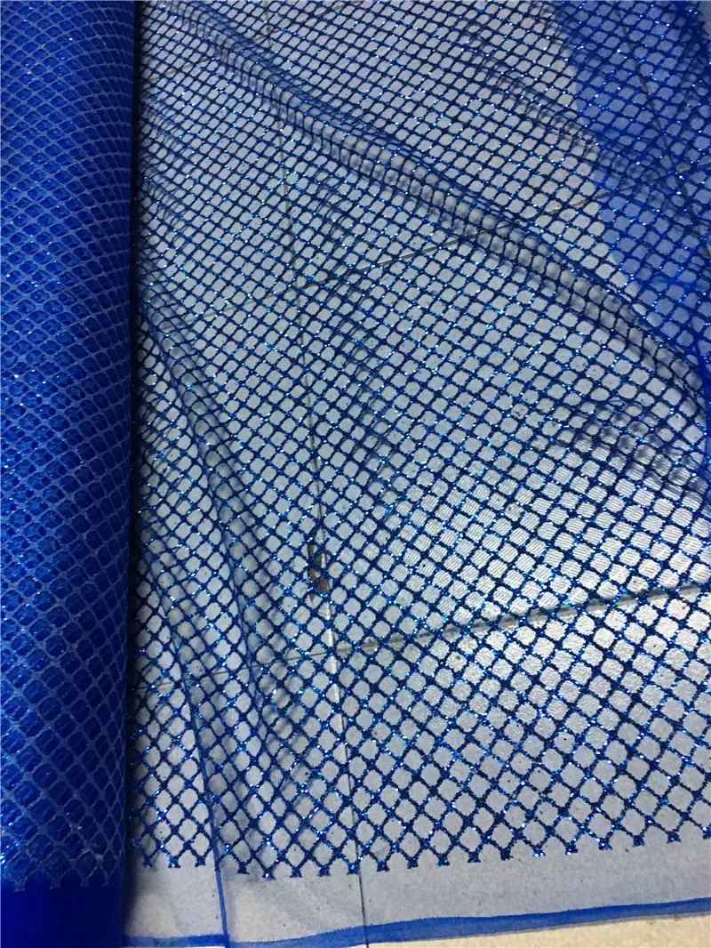 

Newest cross deisgn H-1906 african tulle mesh fabric sparkly glued glitter sequins lace fabric for party dress in blue color