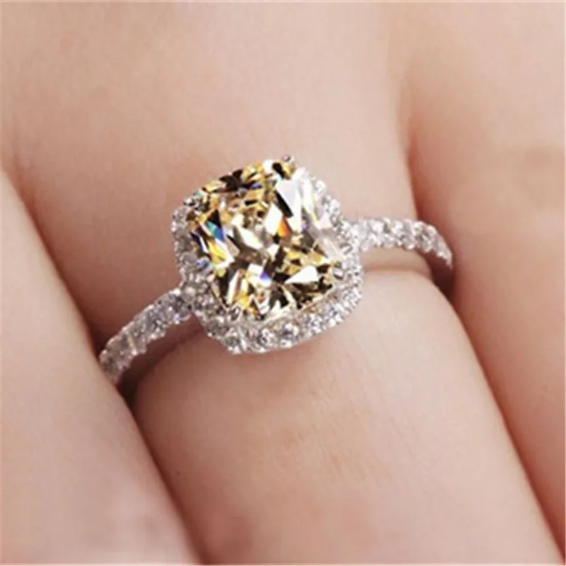 CC Rings For Women Yellow Square Stone Sterling Silver Color Wedding Engagement Ring Bridal Jewelry Anillos Mujer CC594