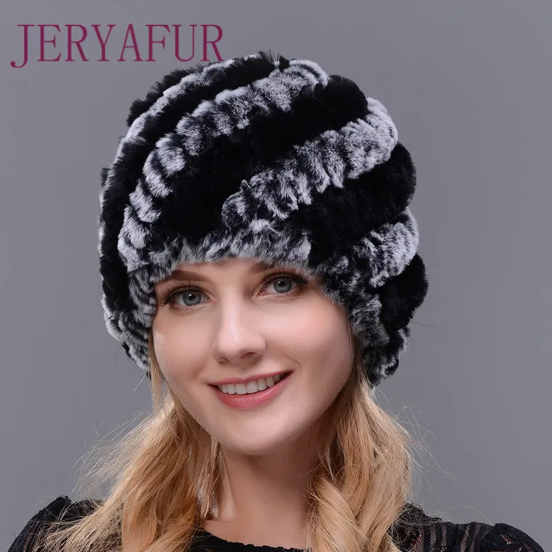 

Genuine Knitted Cap Rabbit Fur Hat Winter Lady Floral Cap Female Headgear Women Fur Beanies Hats