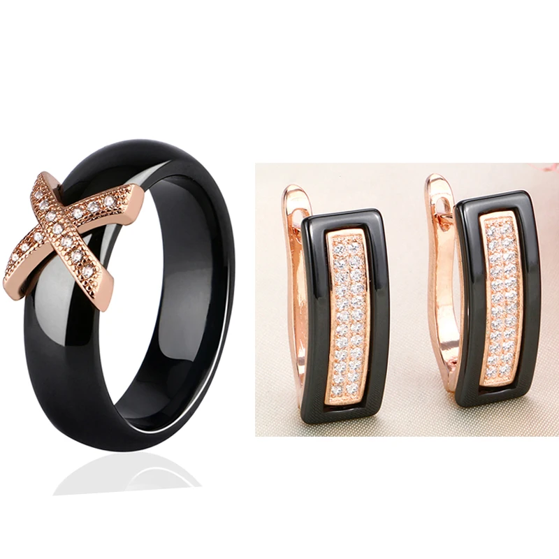 Vintage 585 Rose Gold Jewelry Sets For Women With CZ Cubic Zircon Classical Style Black White Ceramic Stud Earrings X Cross Ring