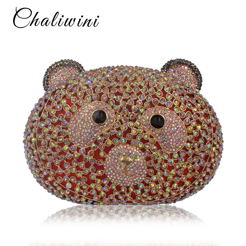 CHALIWINI Factory Wholesale Lovely Handmade Bear shape crystal clutch bag women brand bag style evening clutch crystal