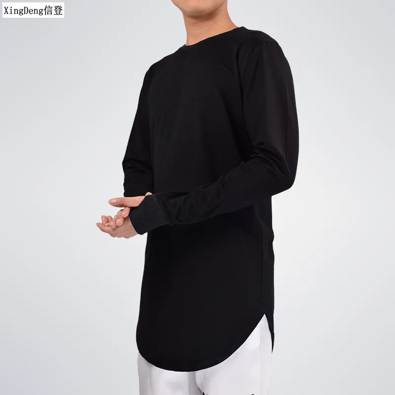 XingDeng Hip Hop Long Sleeve T-Shirt street style fashion Curve HemThumb Hole Cuffs clouthes Men Street Wear Tops