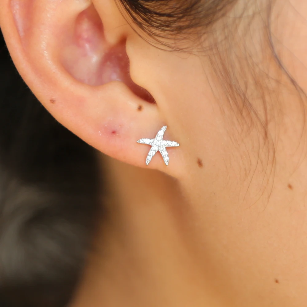 

Hot Sale 100% 925 Sterling Silver Star Tropical Starfish Stud Earrings for girl lady, Clear CZ Fashion Jewelry