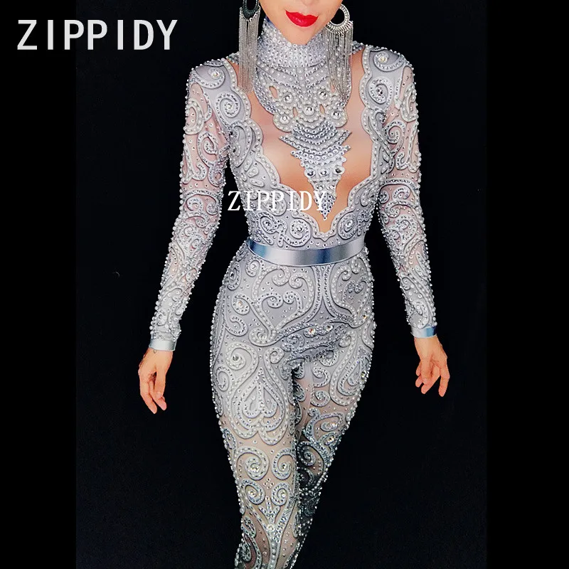 Glisten Silver Crystals Jumpsuit Long Sleeves Stretch Pearl Outfit Female Singer DS Nightclub Women\'s Party Wear Sexy Bodysuits