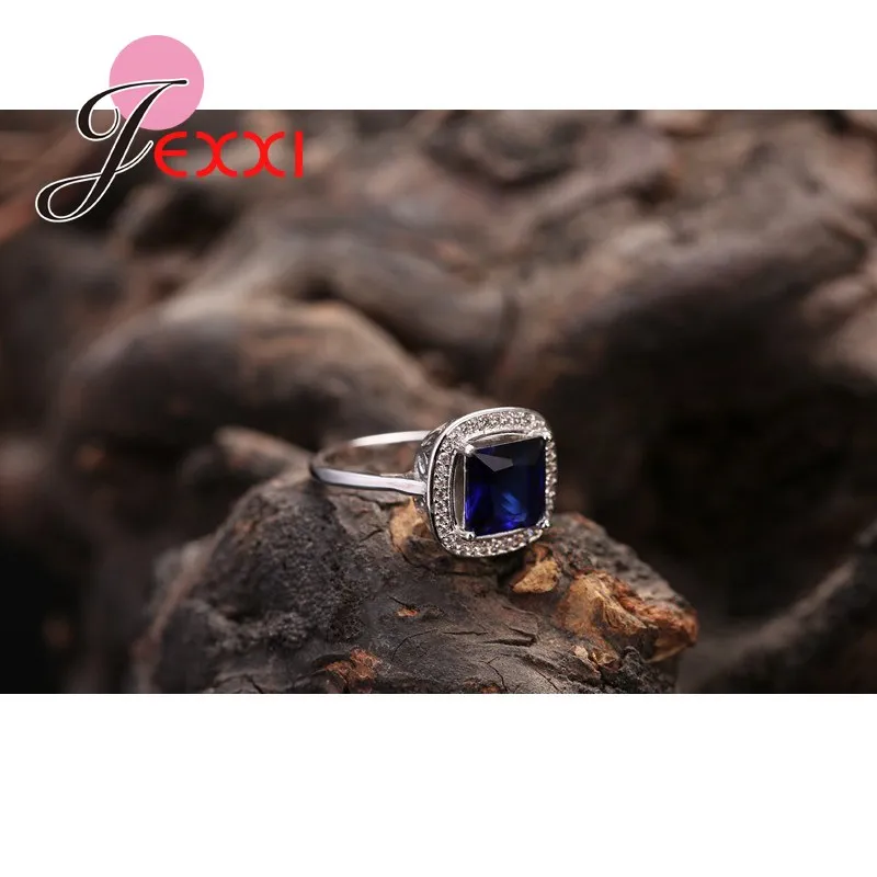 Desain Simpel Elegan 925 Perak Murni Zirkonia Kubik Cincin Persegi Biru untuk Wanita Anak Perempuan Hadiah Terbaik Anillo Bijoux