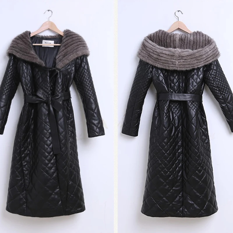 5XL High quality Winter Women Sheep Leather Down Jacket Big fox fur collar Hooded Coat Female Plus size Thicken Warm Long Coats