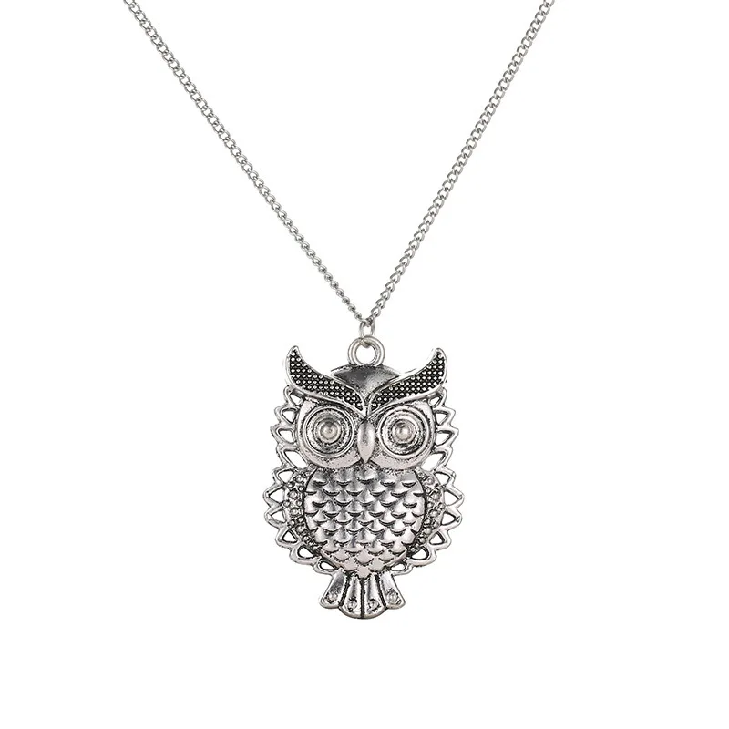 Vintage Vivid Carved Owl Cute Animals Pendant Long Thin Chain Ethnic Style Antique Silver Plated Necklaces For Women