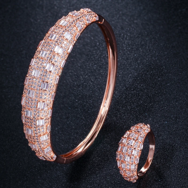 CWWZircons Luxury Cubic Zirconia Rose Gold Color Women Wedding Party Bangle Bracelet and Rings Sets Bridal Costume Jewelry T324