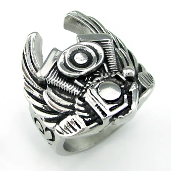 Punk 316L Stainless Steel Silver Color Gold Plated Wings Engine Biker Ring Men\'s Motorcycle Band Party Rings