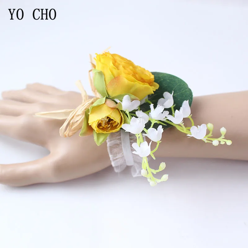 YO CHO Boutonnieres Men Roses Yellow Silk Flowers Wrist Corsages Bracelet Sunflowers for Boutonnieres Marriage Wedding Supplies