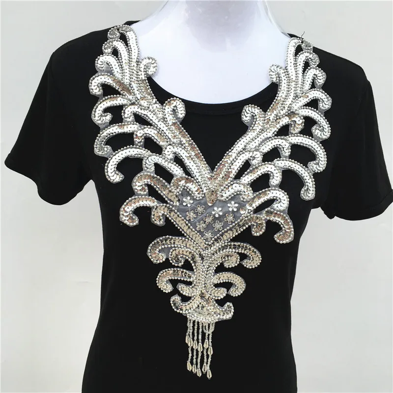 1pc Gold/Silver Beads Sequins Flower Lace Neckline Collar Sewing-On Embroidery Appliques For Dance Costumes Cloth Accessories