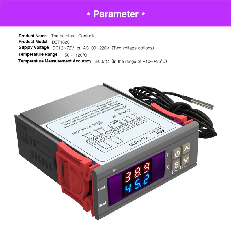

DST1020 DC 12V 24V AC 110-220V Dual Display Digital Thermostat Temperature Humidity Controller DS18B20 Sensor Waterproof Probe