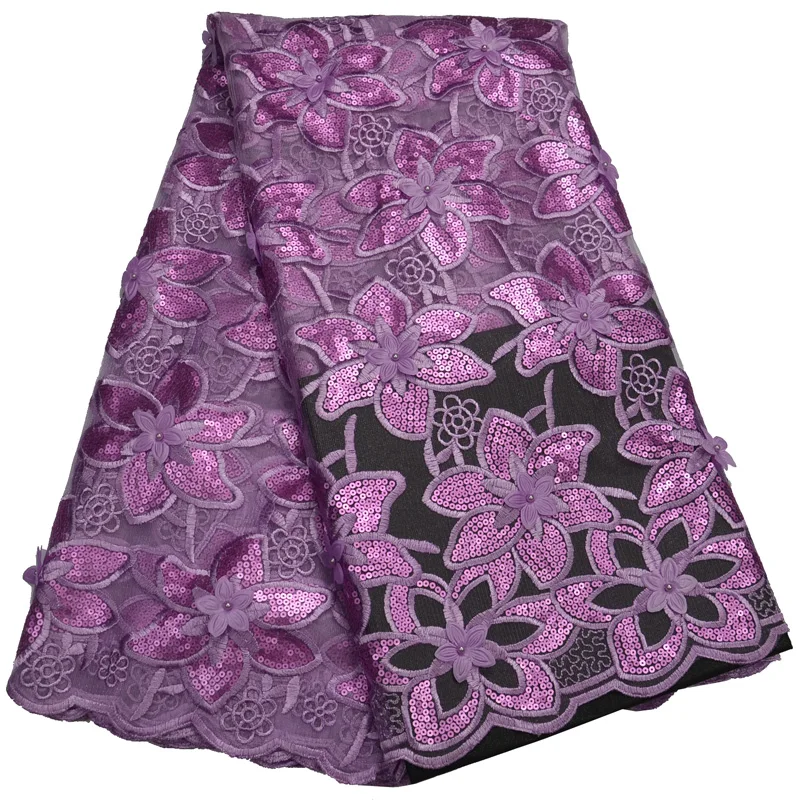 

(5yards/pc) high quality liliac purple African sequins tulle lace fabric appliqued with 3D flowers and beads for dress FLP143