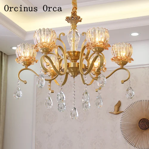 European style retro luxury crystal chandelier living room and bedroom restaurant American copper gold glass chandelier