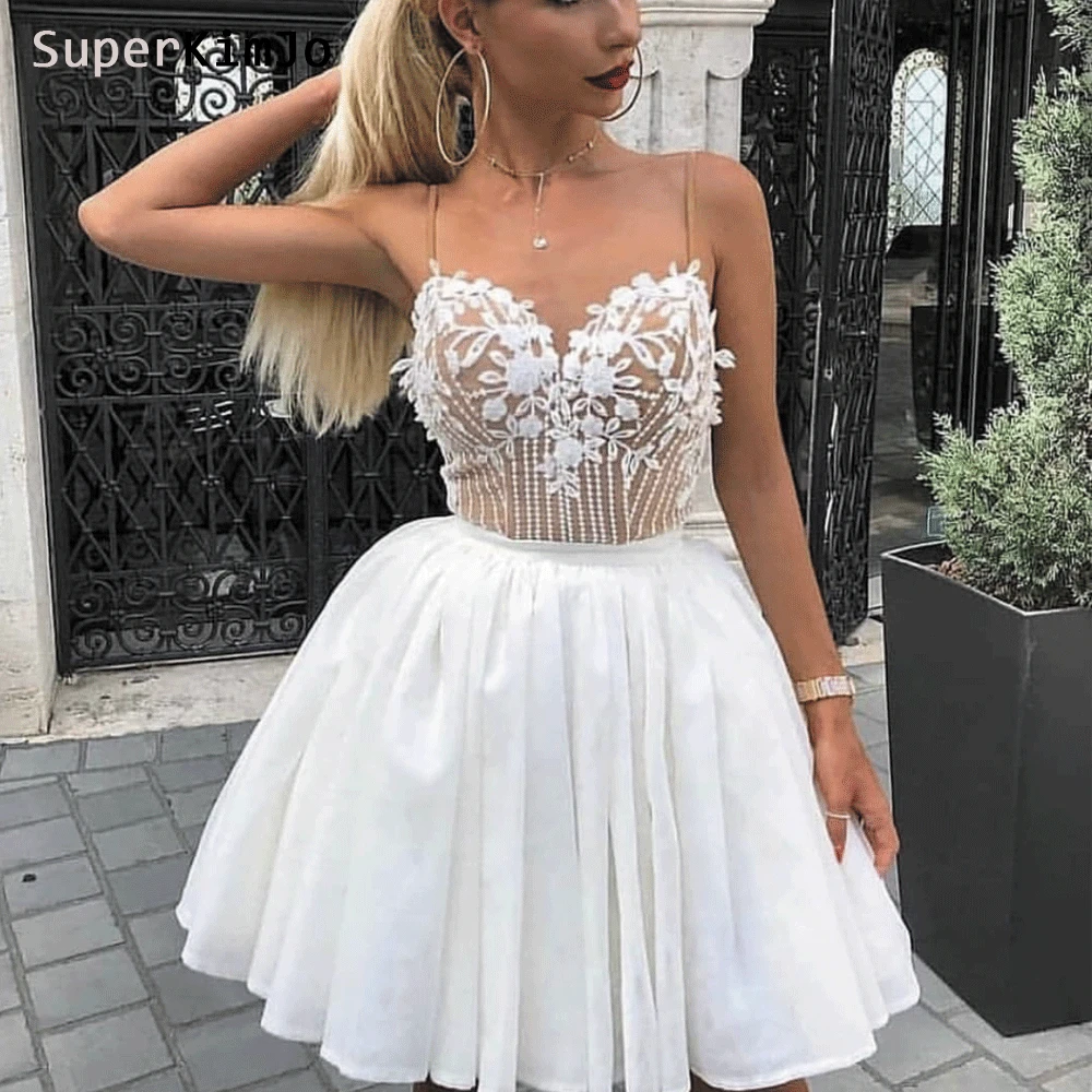 SuperKimJo ドレスショートホワイトレースアップリケカクテルデス 2019 Vestidos Graduacion Cortos