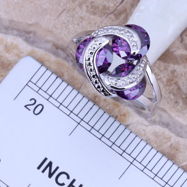 Distinctive Purple Cubic Zirconia Silver Plated Jewelry Sets Earrings Pendant Ring Size 6 / 7 / 8 / 9 / 10 S0125