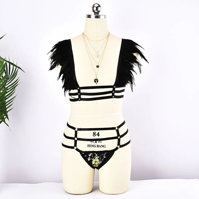 

Black Feathers Tops Body Cage Bralette Sexy Gothic Lace Briefs Panties 90s Fetish Shrug Wing Garters Feather Shoulder Harness