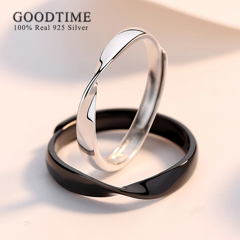 Hipster Mobius Sterling 925 Silver Rings For Lover Couple Gift Black White Simple Style Adjustable Wedding Engagement Rings