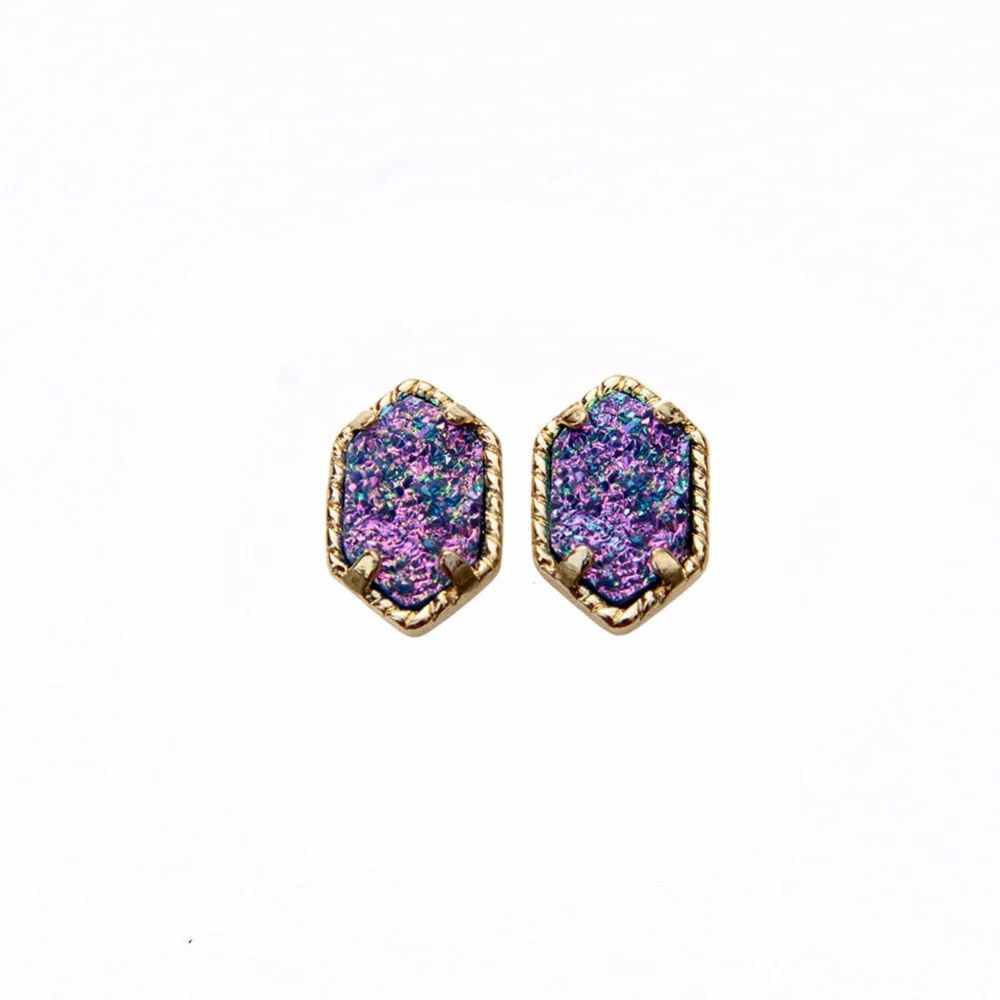 Colorful Crystalline Stone Mini Drusy Stud Earrings Stunning Gold Color New Design