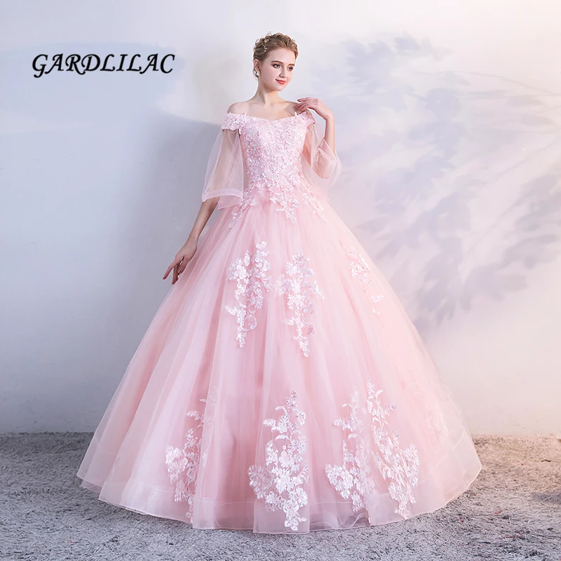 핑크 Quinceanera 드레스 공 Gonw 긴 댄스 파티 드레스 얇은 명주 그물 레이스 Appliques 가장 무도회 달콤한 16 드레스 Vestidos 드 15 Anos