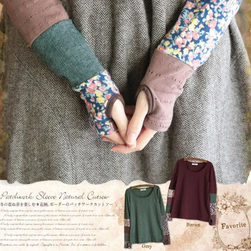 

Japanese Mori Girl Women Spring Sweet Long Sleeve Quilting Stitching Fingerless Stretch Hand Color Cute Kawaii Lolita Shirt D127