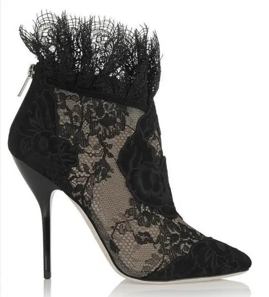 Sexy Black Lace Ankle Bootie Flower High Heel Stiletto Pumps Elegant Women Ladies Party Dancing Pump Shoes