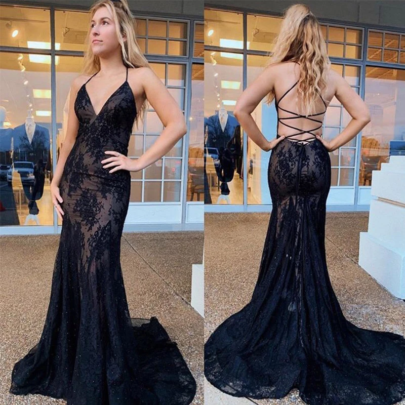 Sexy V-neck Prom Dresses Crisscross Back Mermaid Style Black Lace Women Formal Party Dresses Long Robe De Bal New Arrival