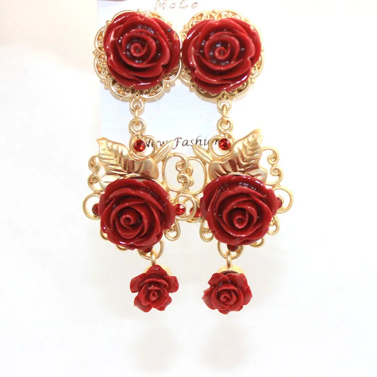 new Baroque Vintage Dark Red Flower Dangle Earrings metal hollow Gold color Bride Party Drop Long Earrings