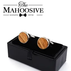 MAHOOSIVE Wooden Cufflinks Wedding Groom Round Zebra wood Cufflinks For Mens shirt accessories Casual Cuff Link mancuernas