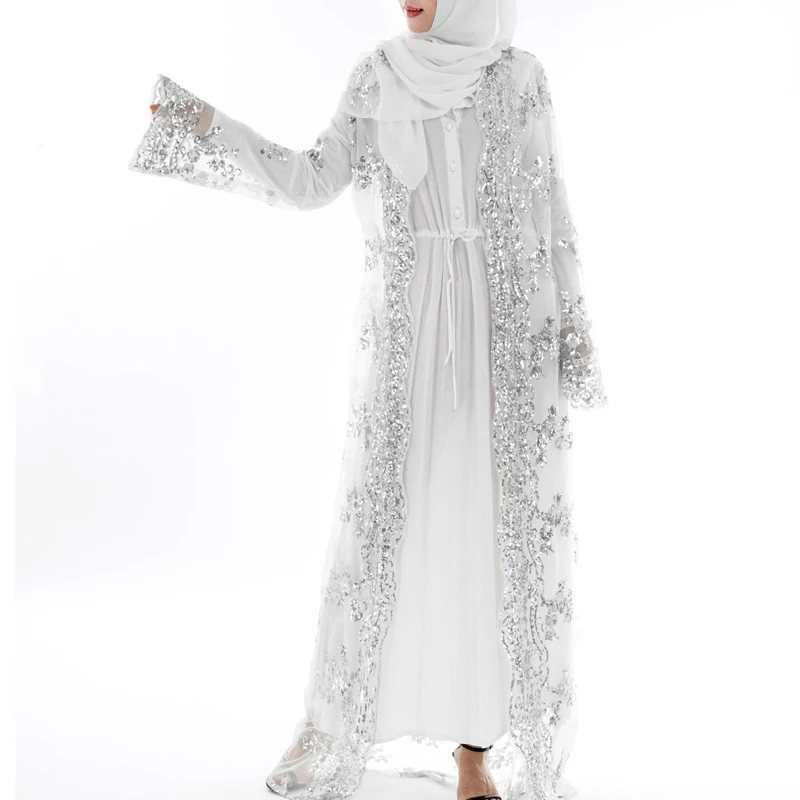 2021 Summer Abaya Dubai Women Long Sequined Lace Mesh Kimono Cardigan Muslim Hijab Dress Kaftan Abayas Turkish Islamic Clothing