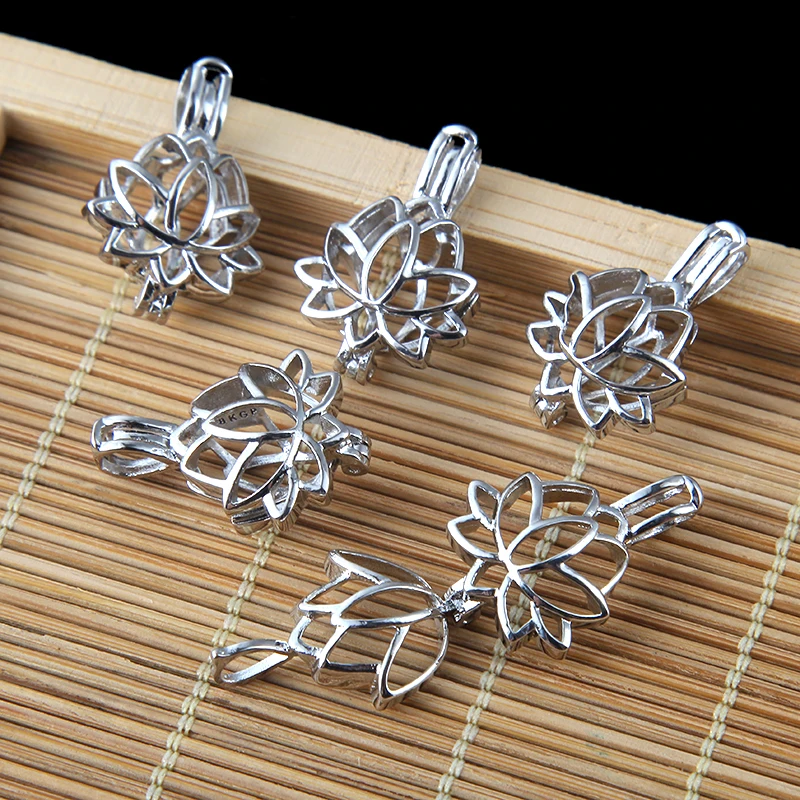 5pcs Silver color Lotus Flower Pearl Beads Cage Charms Locket Essential Oil Diffuser Jewelry Wholesale Copper OM OHM AUM Pendant