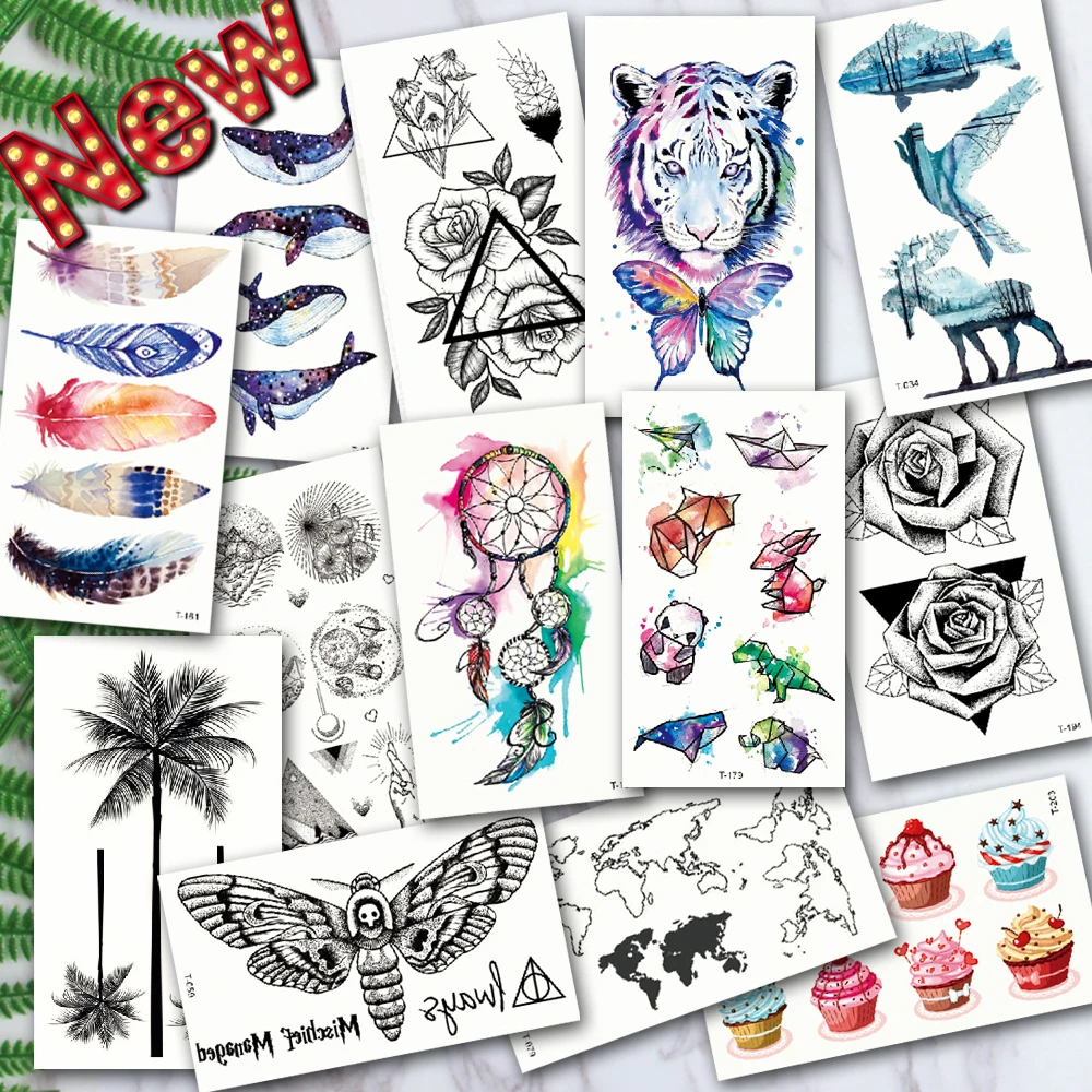 Waterproof Temporary Tattoos ocean feather Wave Mountain flash glitte Tattoo stickers body art for men translated tattoo sleeve