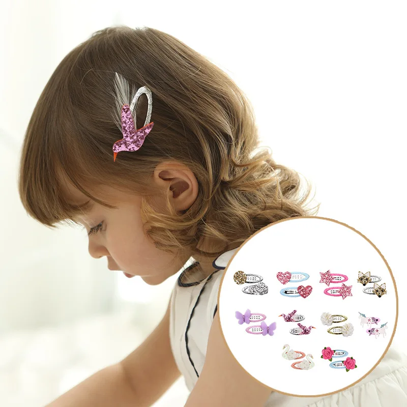 2PCS Princess Hairpins Glitter Cartoon Unicorn BB Hair Clips Kids Headwear Flower Girls Hair Accessories Babe Headdress Ornament