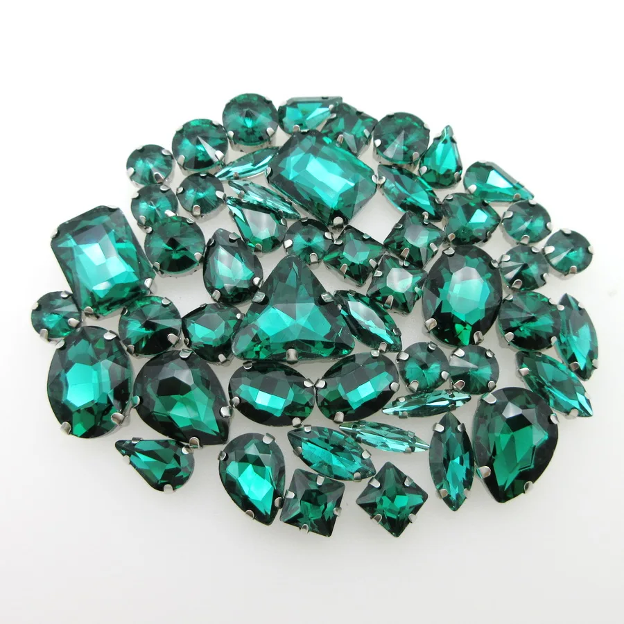 Emerald glass crystal strass mix 13 shapes silver claw flatback sew on rhinestones beads bags garment accessories diy 50pcs/pack