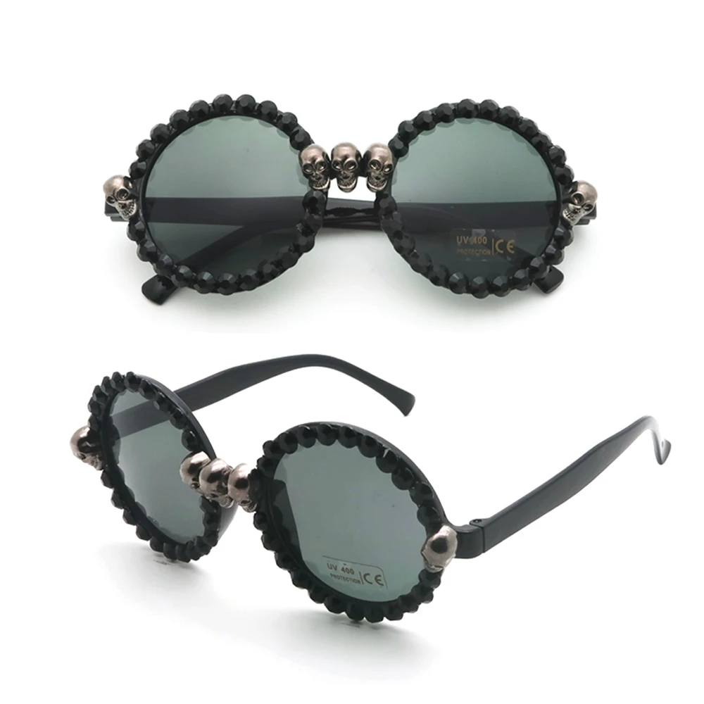 VIVIBEE-gafas de sol Vintage con calavera para mujer, anteojos de sol con diamantes de imitación negros, Ojo de Gato Retro, gafas de sol redondas