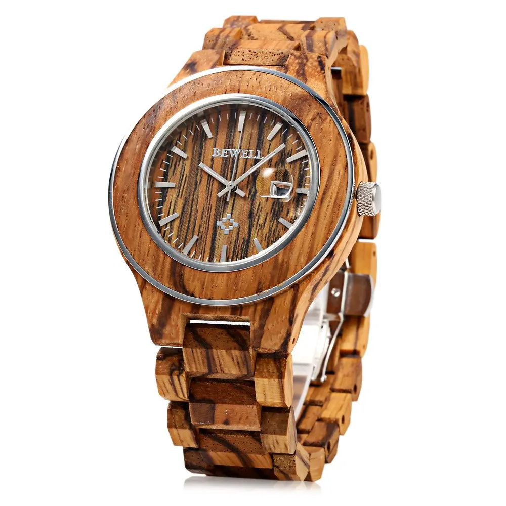 Bewell Watch Men Zebrano Wood Japan Movtment Quartz Watches, Male Fashion Waterproof Watch, Casual Calendar Watch relogio