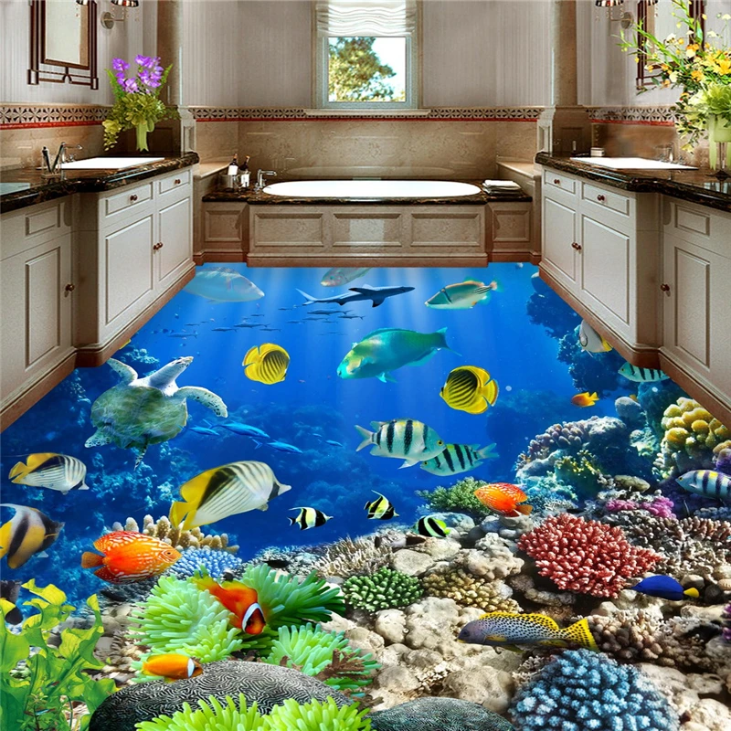 

Custom flooring stickers pictures 3d wallpaper beautiful seabed world tropical creatures bathroom 3d flooring papel de parede