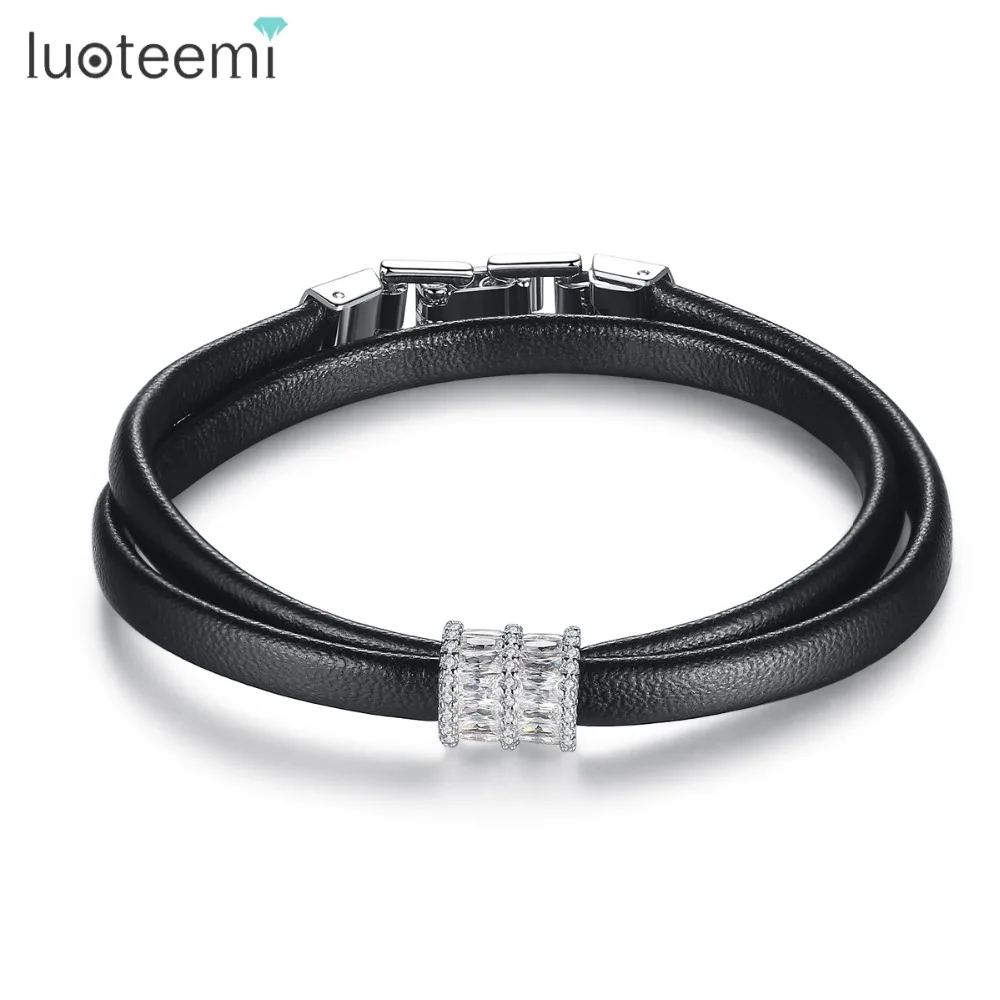 

LUOTEEMI Fate Love Classic Leather Zirconia Charming Bracelet Accessories Jewelry Handmade Multi-layer Double Armband Bracelet