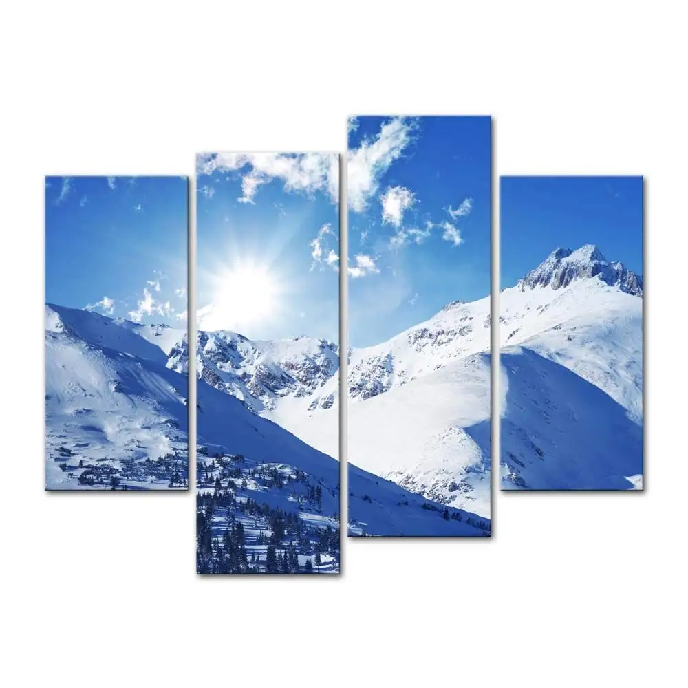 

Wall Art Decor Poster Painting On Canvas Print Pictures 4 Pieces Sunny Winter Rocky Mountains Landscape Drop shipping