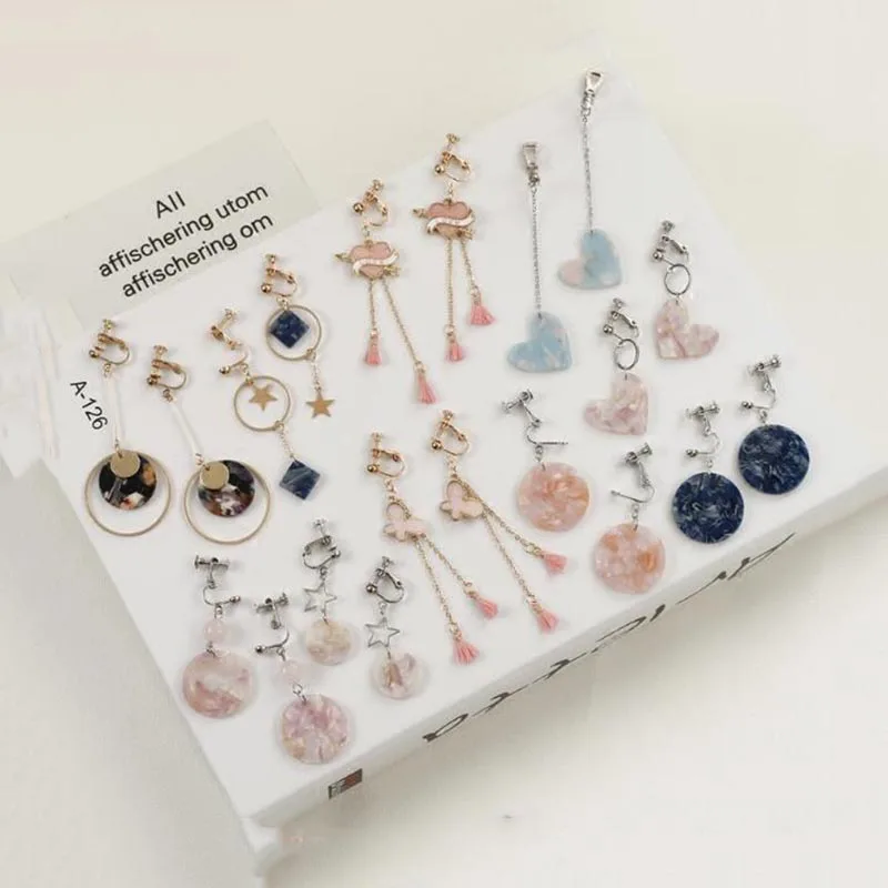 GRACE JUN Long Style Clip on Earrings for Women Fashion Pearl Crystal Shell Tassel Heart Butterfly Geometric No Pierced Earrings