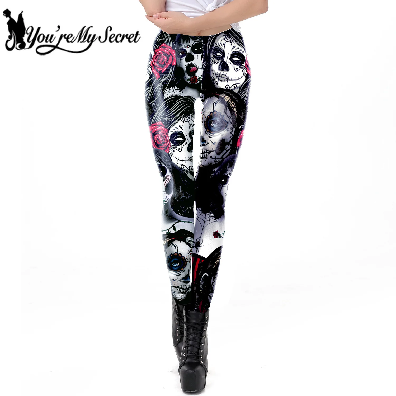 [You\'re My Secret] 2021 Mid Waist Legging Hallween Skull Series Leggings For Fitness Gothic Fitness Pencil Pants Women\'s Black