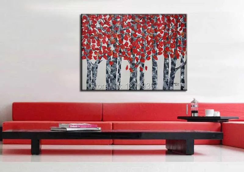 Handmade Modern Elegant Flower Tree Red Petal Sliver Branches Hand Painted Oil Painting on Canvas Nice Beautiful Home Decoration