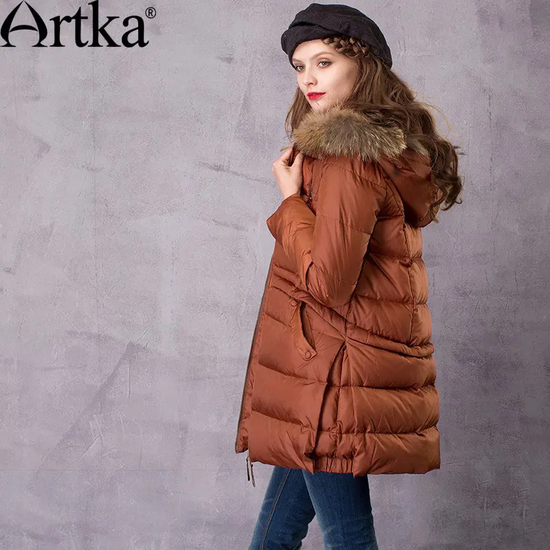 ARTKA Women's Mid-Length Down Coat With Raccoon Fur Hood With 90% Down Parka Female Long Winter Puffer Jacket ZK11669D