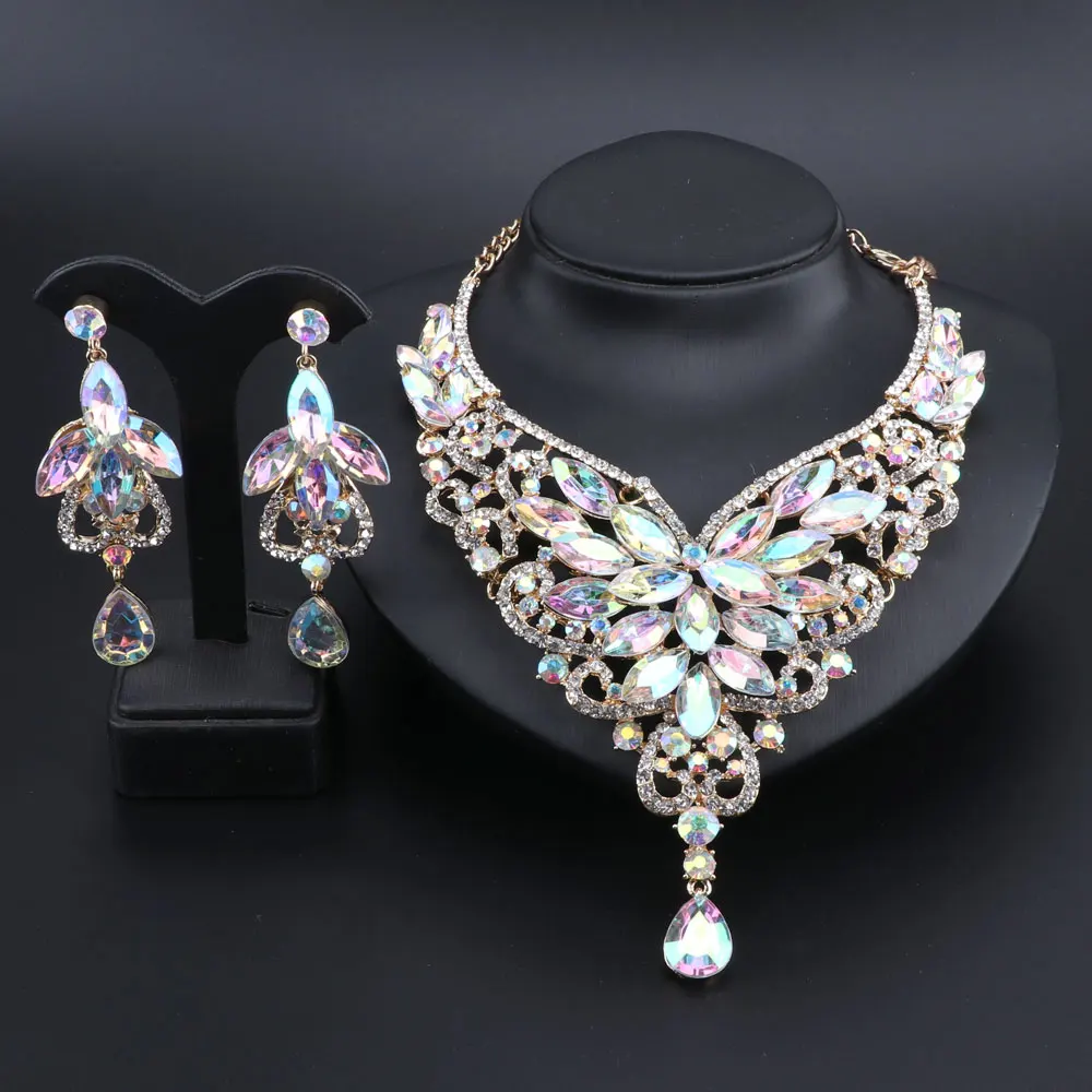 Wedding Jewelry Fashion Crystal Rhinestones Necklace Earrings set for Women Wedding Party Bridal Jewelry sets Gold Color