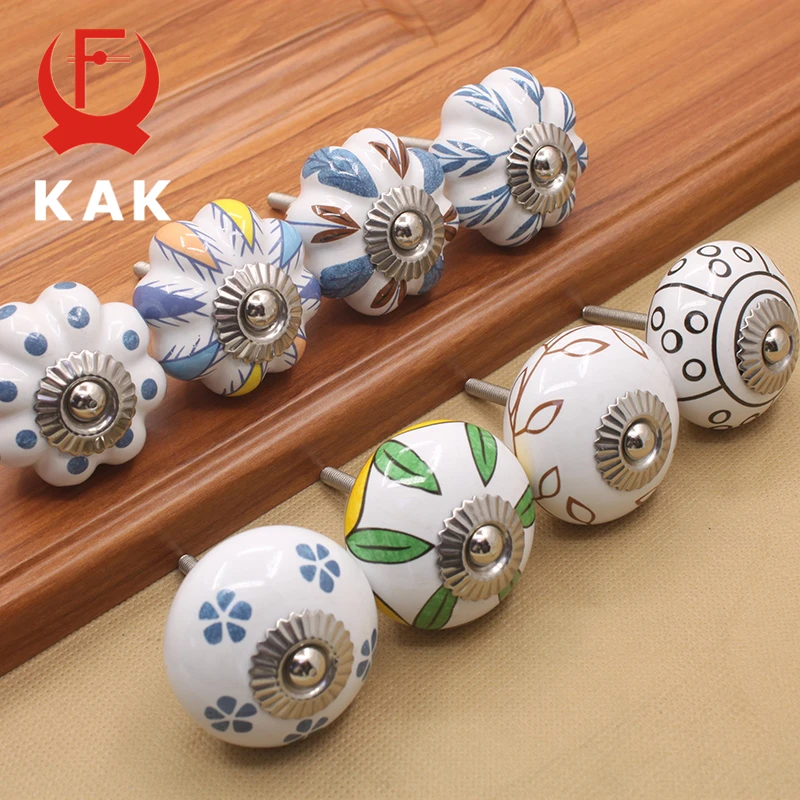 KAK 40mm Hand-painted Ceramic Drawer Knobs Porcelain Pumpkin Cabinet Knobs Cupboard Handles with base for Kids Furniture Handle