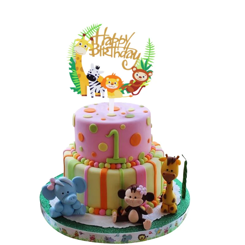 Safari Animals Cake Topper Wild Jungle Party Cupcake Wrapper Kids Happy Birthday Animal Cake Flag Boy Birthday Party Decoration