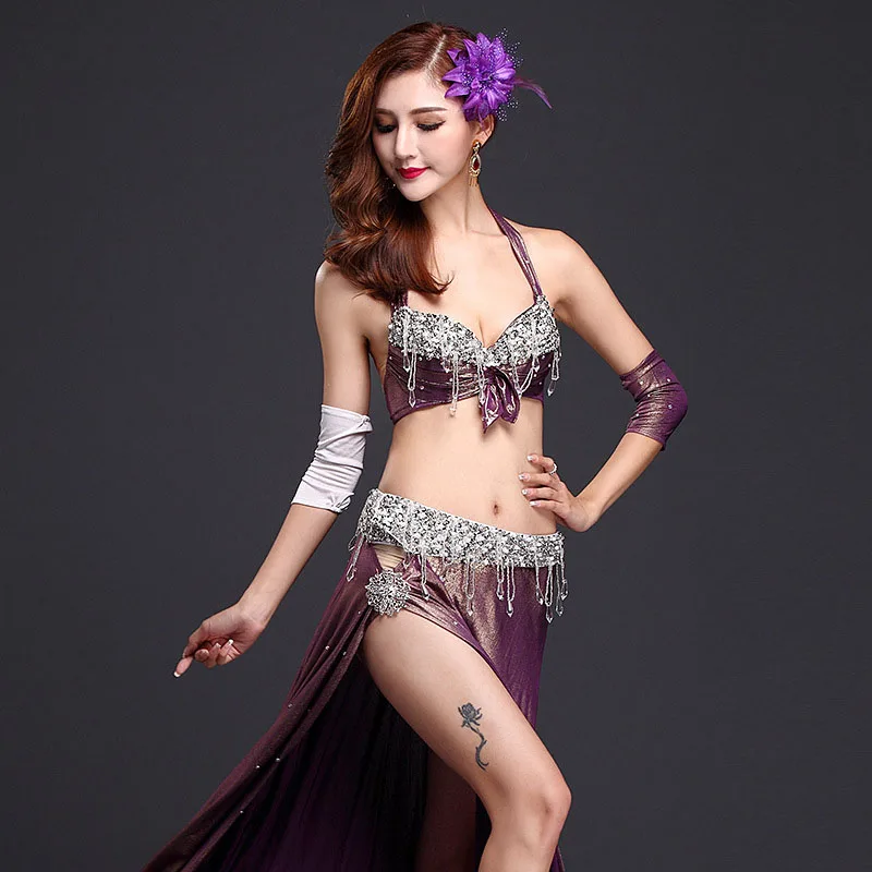 

BELLYQUEEN Quality belly dance costume set bellydance pratice clothing indian set gauze set Bra+Dress+Belt+Arm sleeve 34/36/38 C